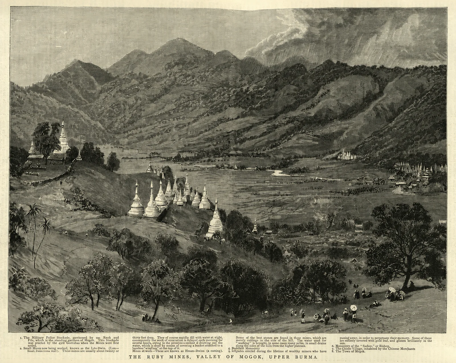 After a nineteenth-century engraving: the ruby mines in the valley of Mogok, Upper Burma