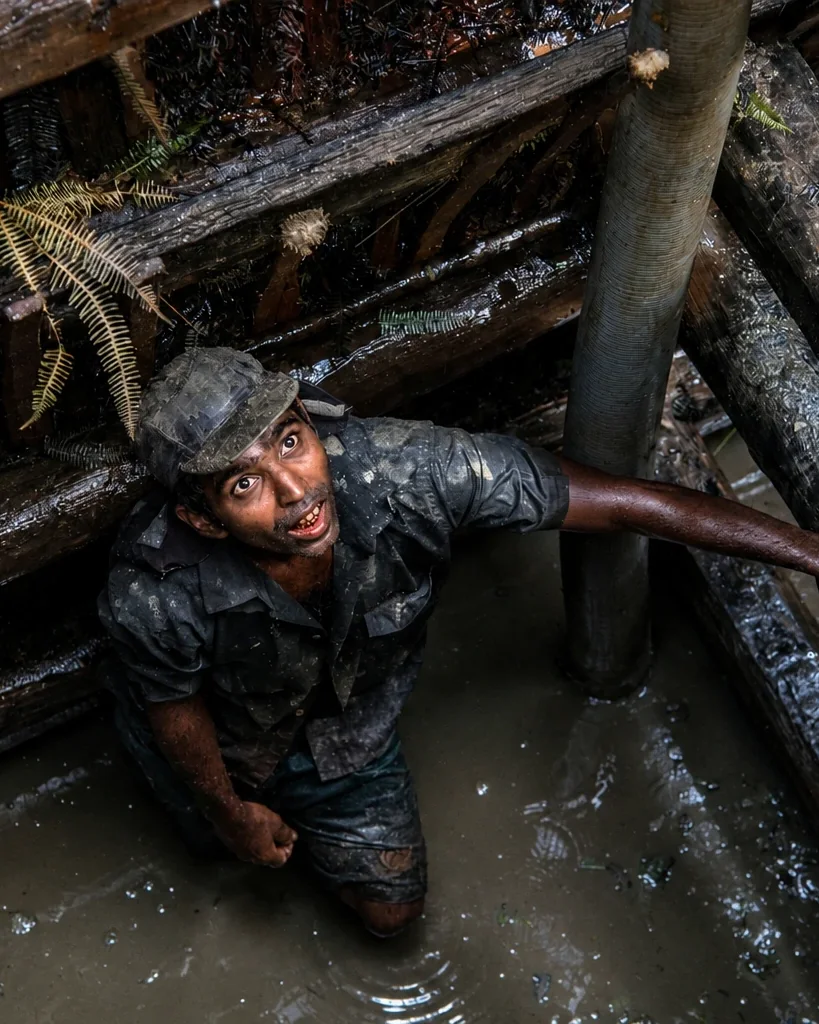 A gem miner at the foot of a hand-timbered pit shaft in the Ratnapura district
