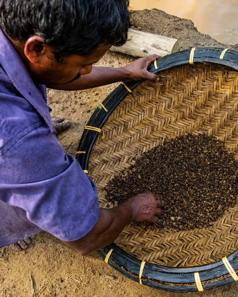 Washing illam gravel for sapphires in a woven basket beside the water
