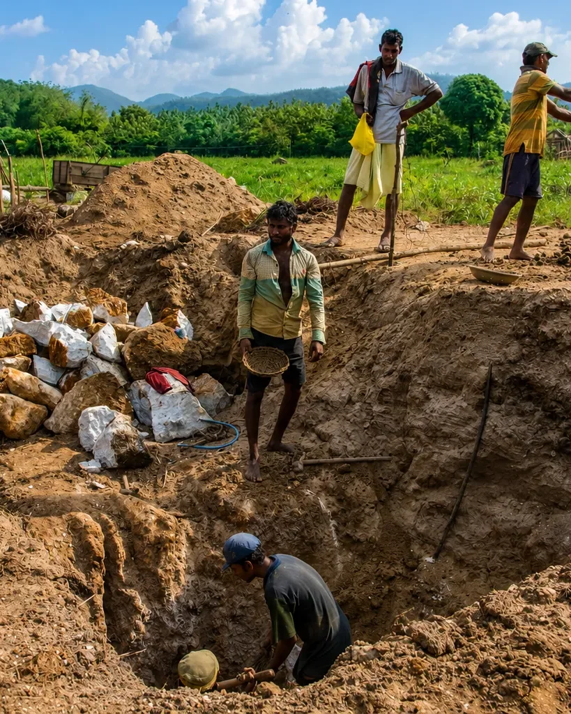 Miners working an open gem pit near Ratnapura, white quartz piled on the spoil
