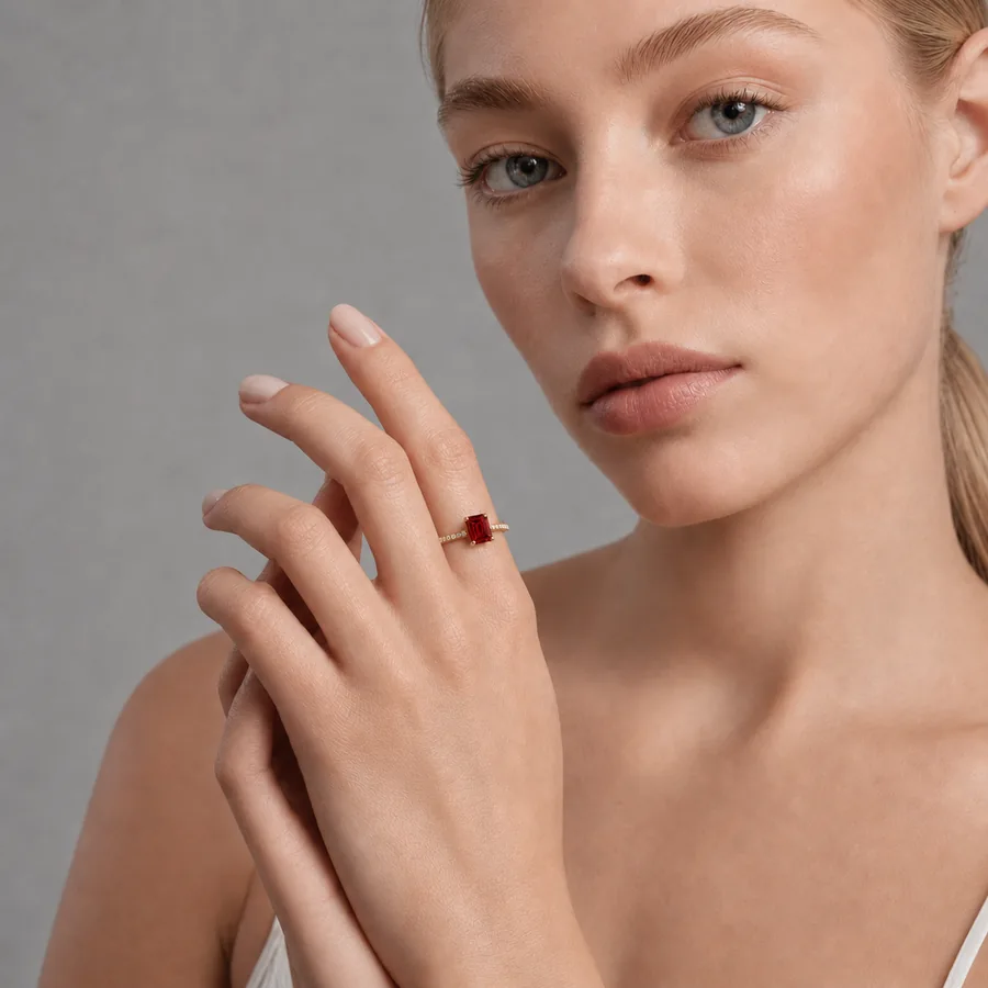 Emerald-cut ruby ring in yellow gold with diamond pavé, worn on the hand