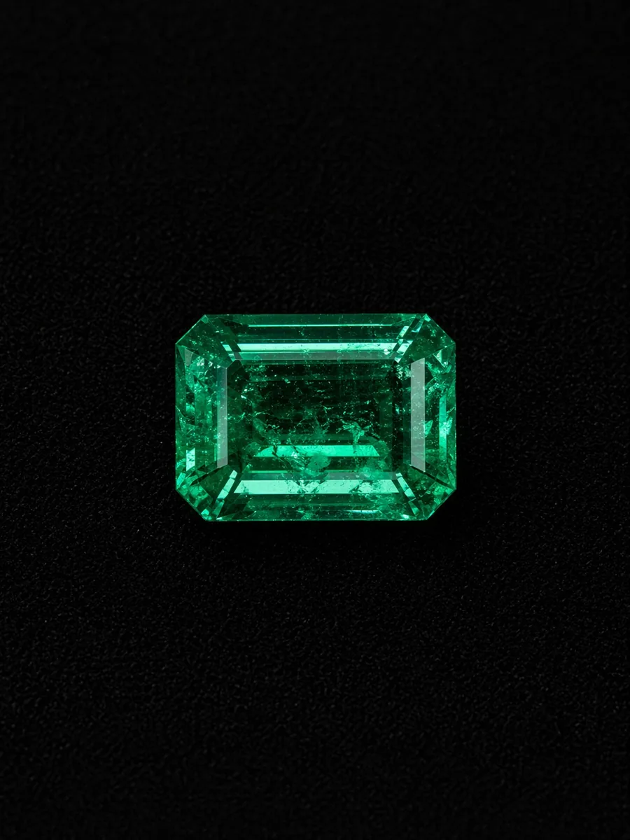 Untreated emerald-cut Colombian Muzo emerald with visible jardín