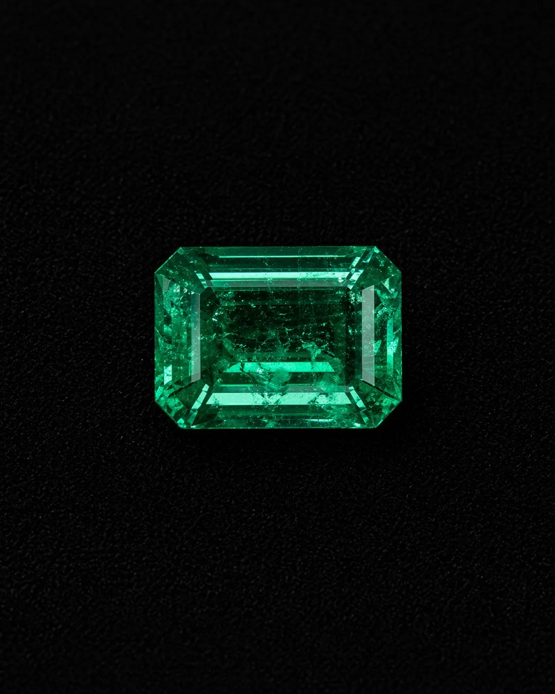 Untreated emerald-cut Colombian Muzo emerald with visible jardín